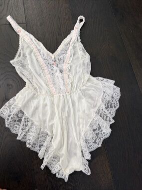 Sheer White Lace Chemise with Pink Trim - Feminine Sleepwear